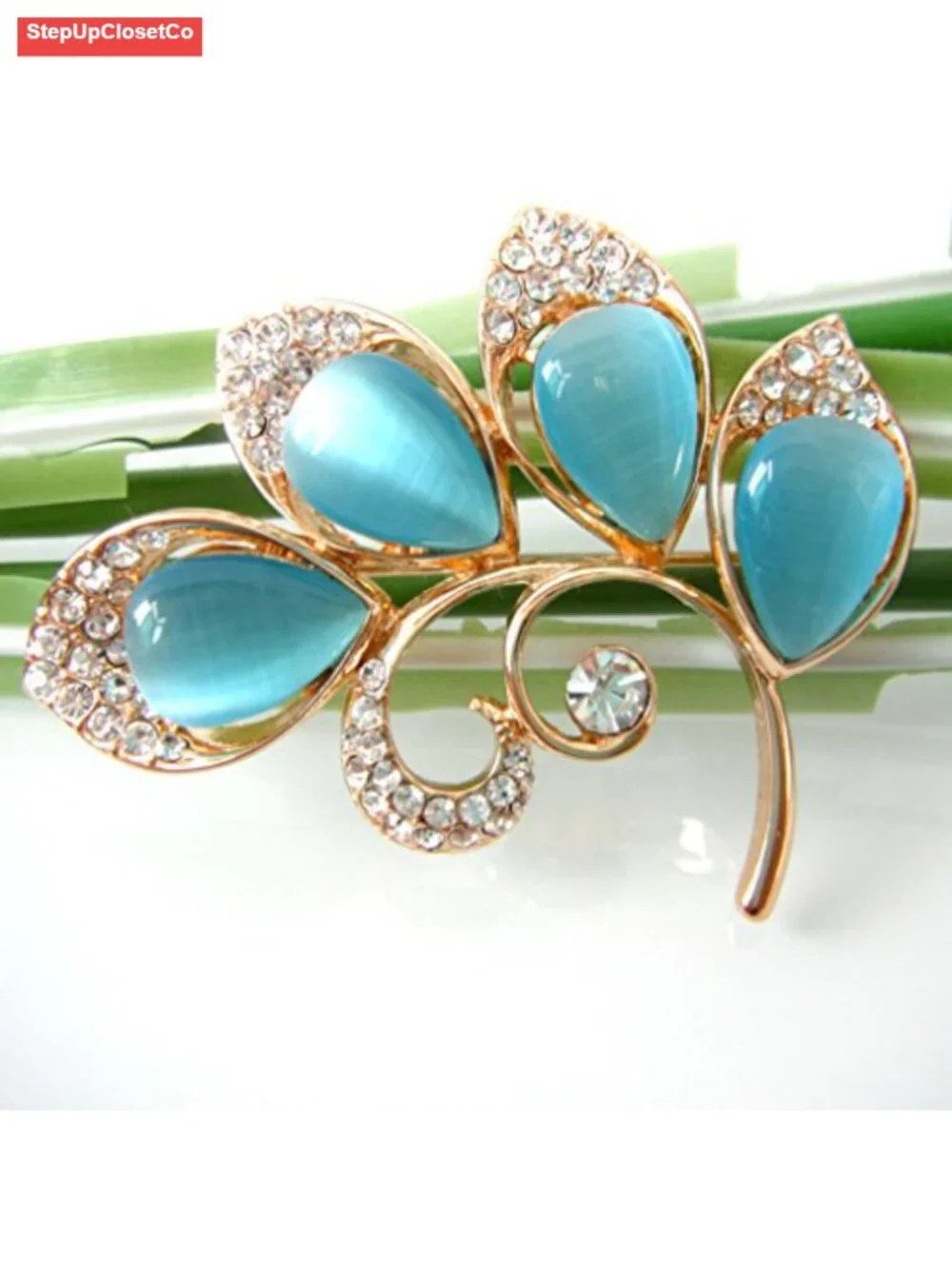 18k Gold Plated Opal Leaves Crystal Branches Brooch Pin Gift